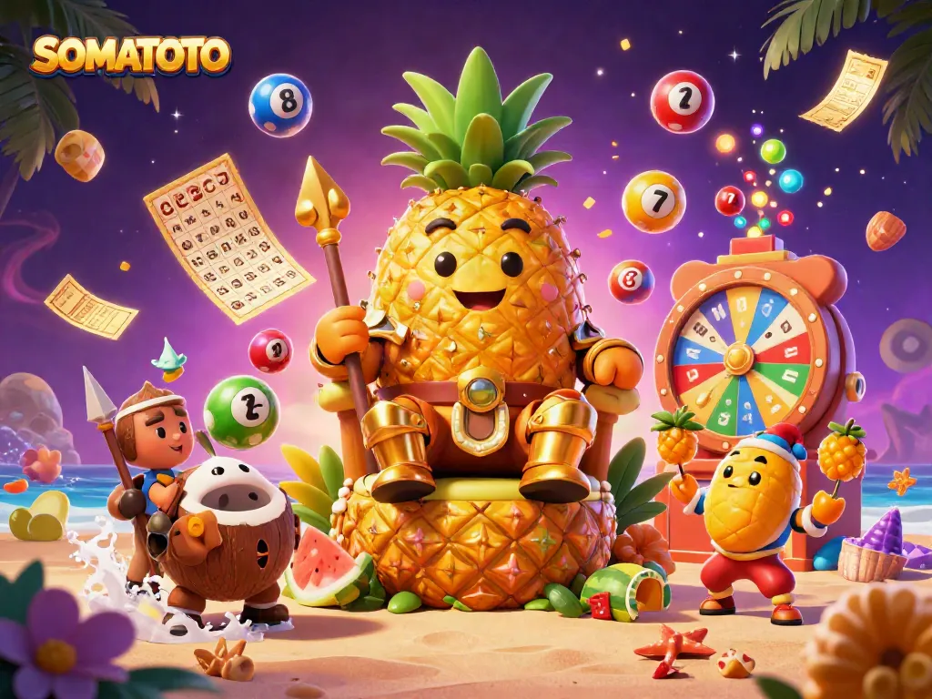 SOMATOTO's interactive beach casino illustrating a golden pineapple king amidst vibrant gambling elements.