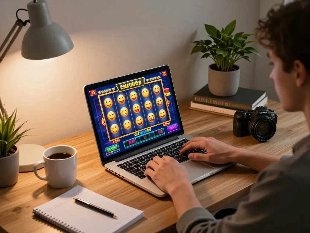 Sis4D player engaging with exciting slot games on laptop at home, showcasing responsible online gambling atmosphere.