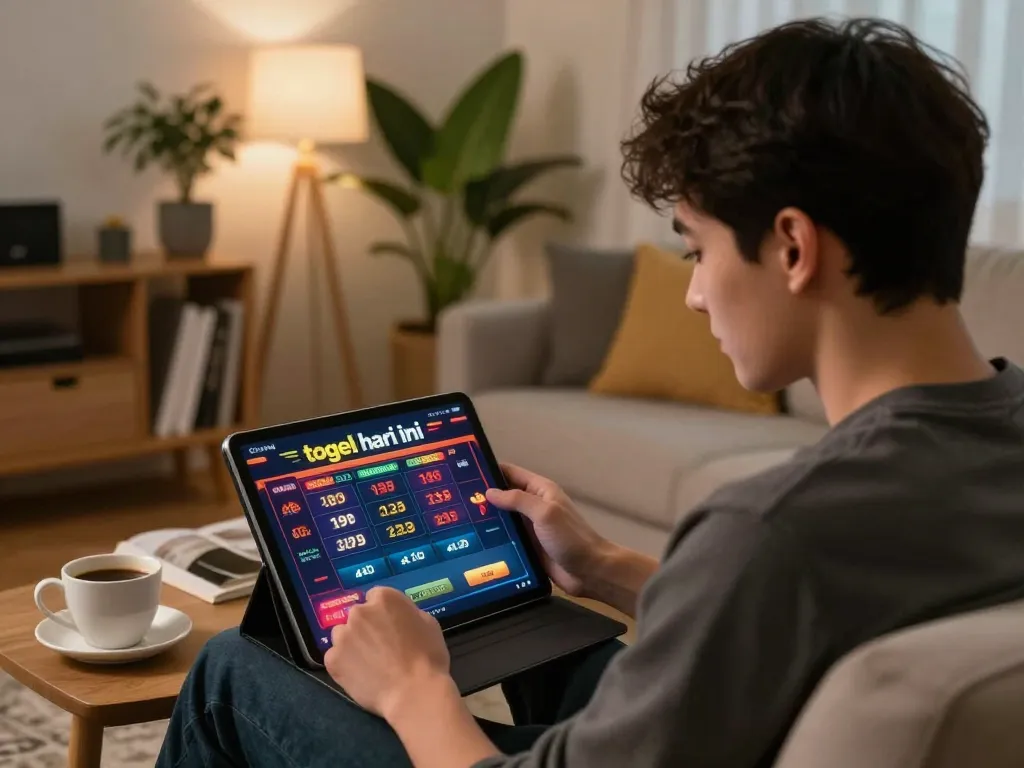 Engaging player checking togel hari ini results on a tablet in a cozy home setting