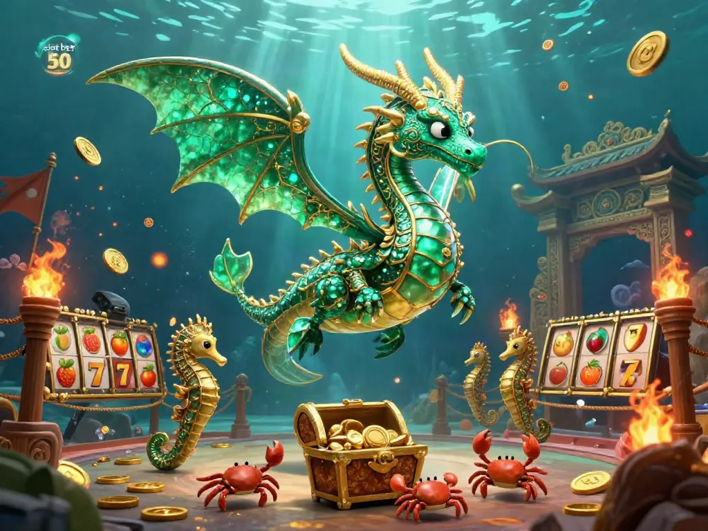 Slot bet 50 menampilkan naga laut dan harta karun di ilustrasi kasino yang menarik.
