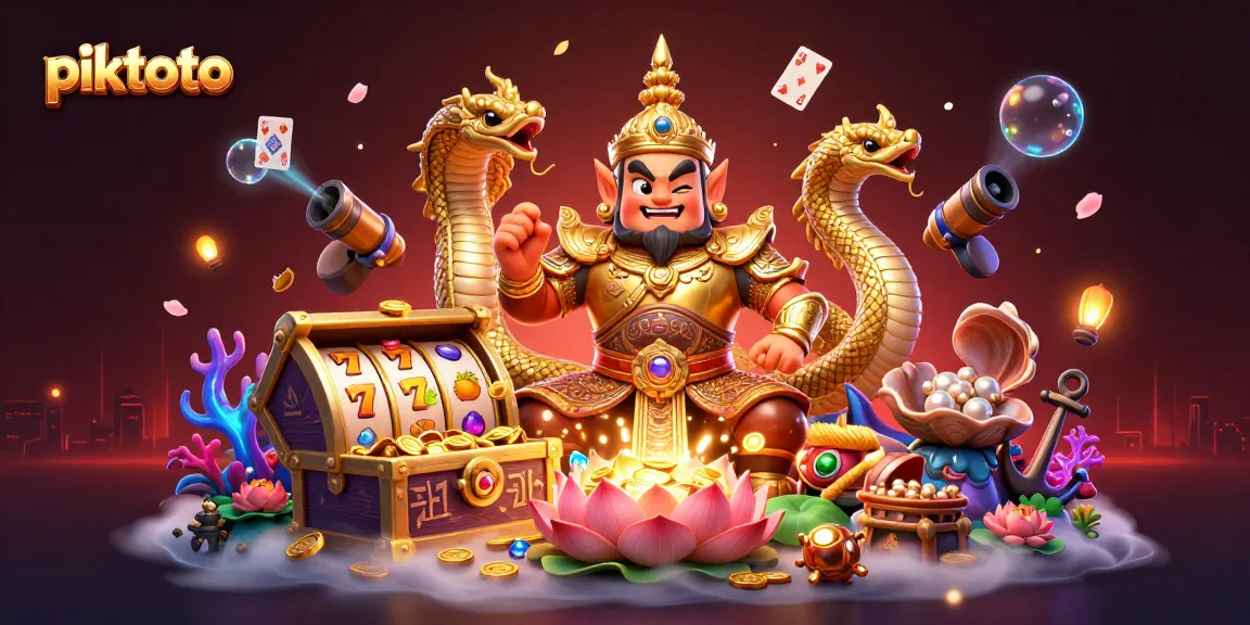 Permainan piktoto menang dengan penyu naga dan karakter penjaga kuil Thai di kasino yang meriah.