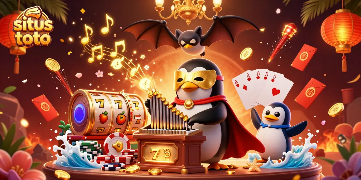 Menghadirkan suasana situs toto dengan penguin opera dan permainan slot, memperlihatkan keseruan kasino.