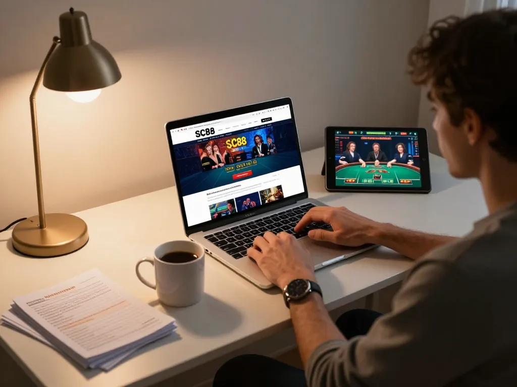 Engaging in strategic gameplay on SC88 at home with a laptop and tablet screen.