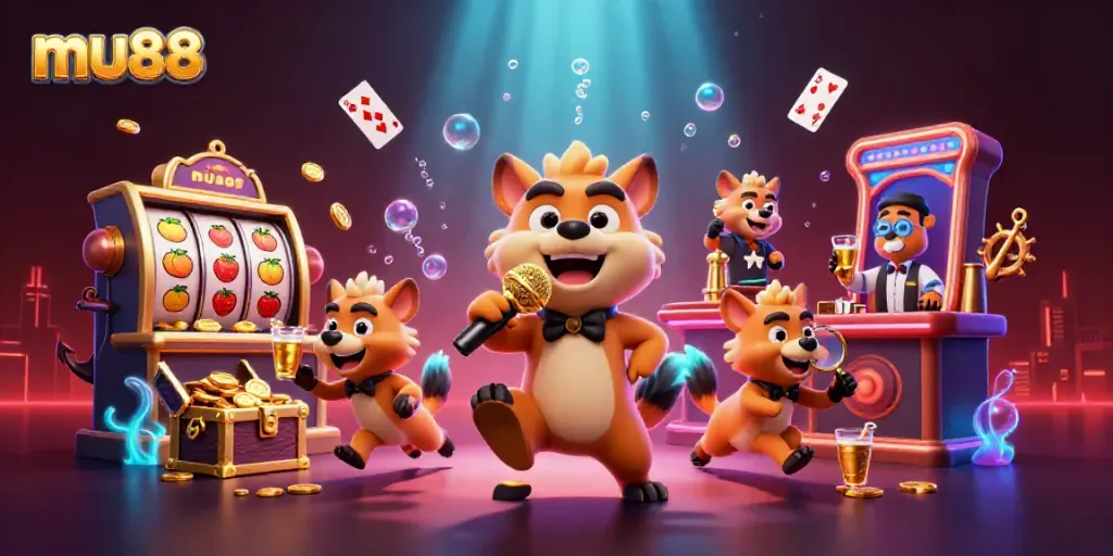 mu88's energetic casino scene with hyenas, slot reels, and vibrant colors