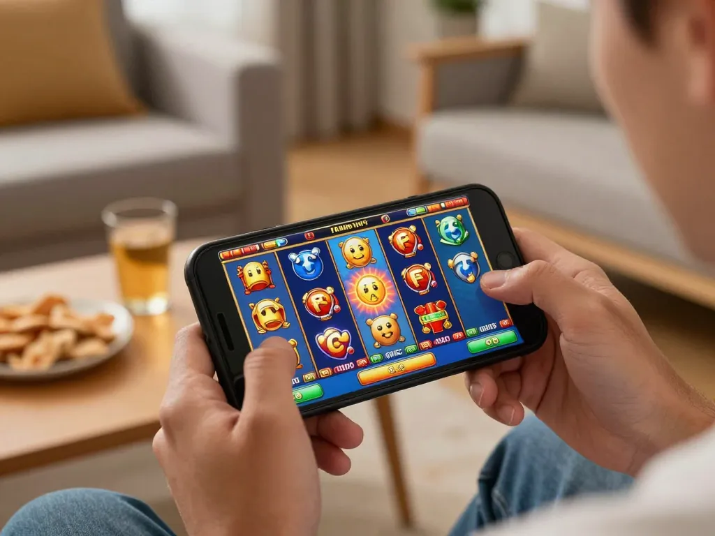 Engaging in slot demo gameplay on a smartphone, showcasing colorful game graphics in a cozy setting.