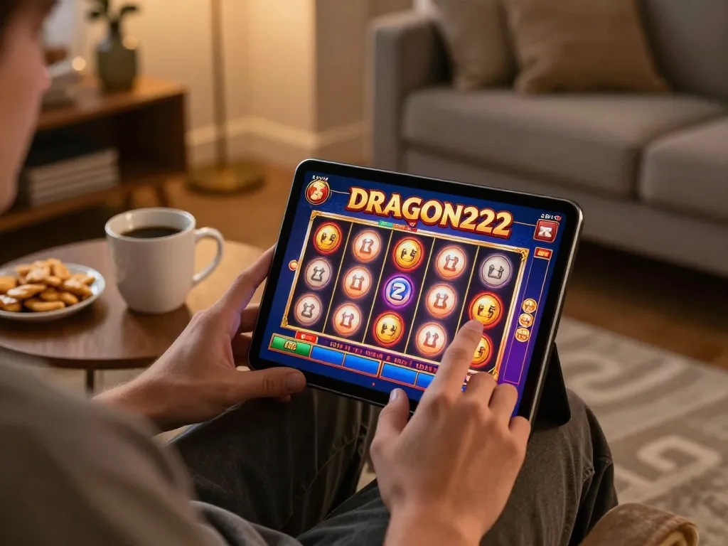 Engaging slot gameplay on DRAGON222 app in a cozy home setting with snacks.
