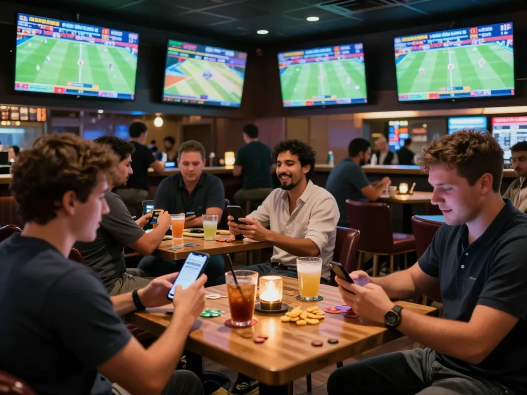 Fans at a sports betting bar engaging with fabet apps for live wagering excitement.