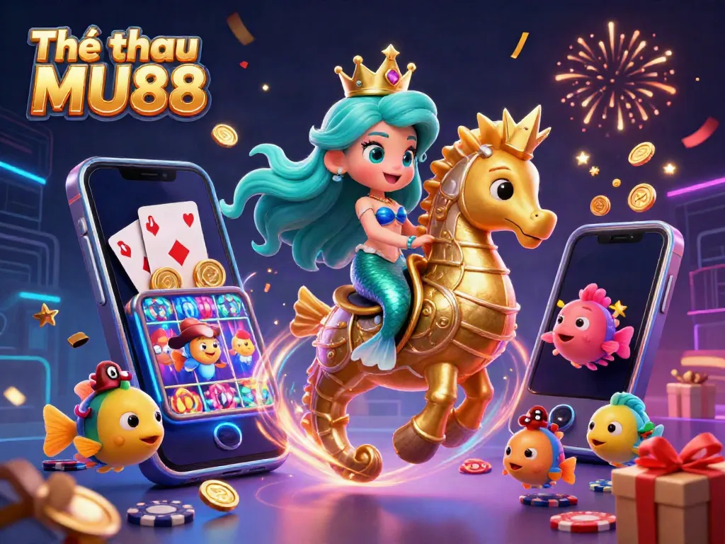 Engage with Thể thao MU88 in a vibrant sea of excitement with casino-themed characters and elements.