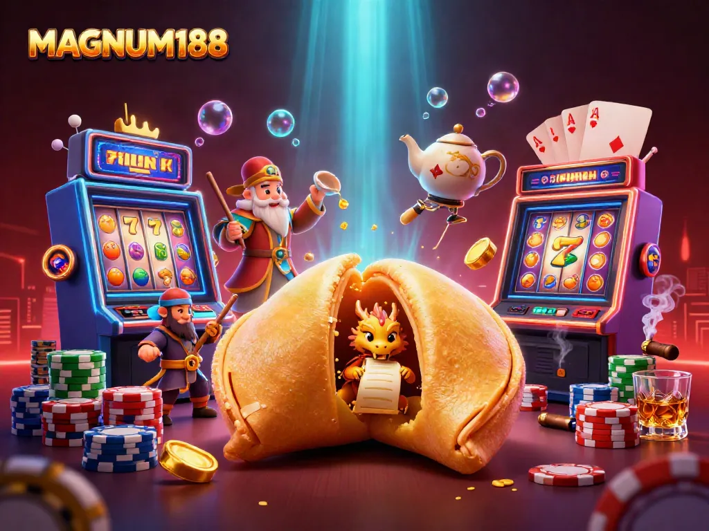 Experience the thrill of MAGNUM188 with a dynamic 3D illustration featuring lucky slot reels and a fortune cookie dragon.