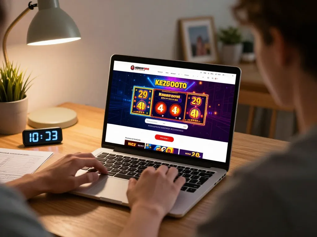 Pemain memeriksa login kenzototo di laptop di lingkungan rumah yang hangat dan nyaman sambil mengelola perjudian yang bertanggung jawab