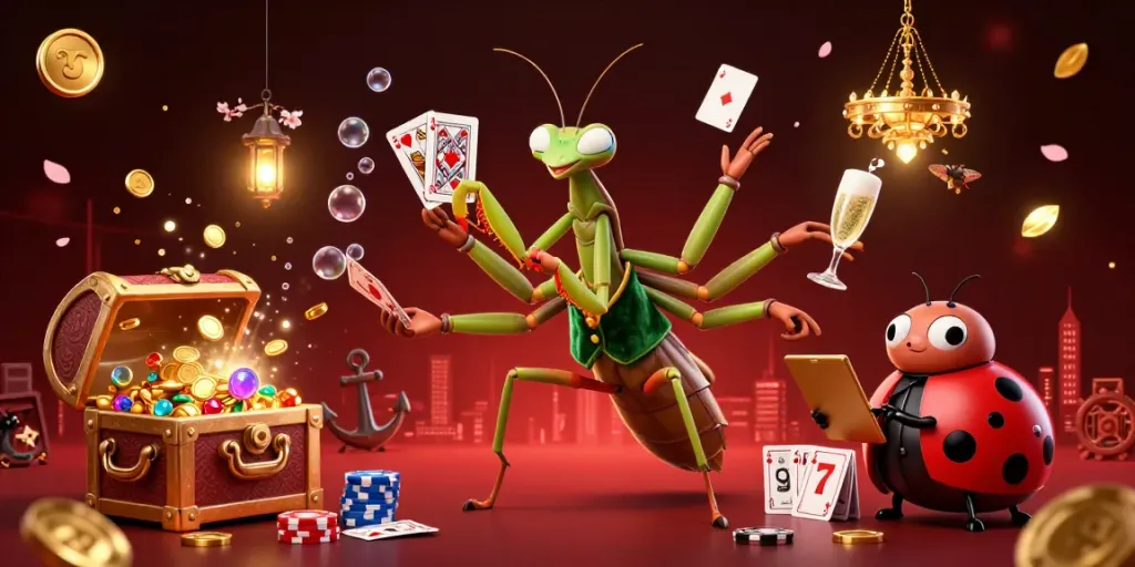 This dynamic casino-themed illustration showcases a giant praying mantis card sharp, symbolizing the excitement of casino games, surrounded by slot reels and gold coins.