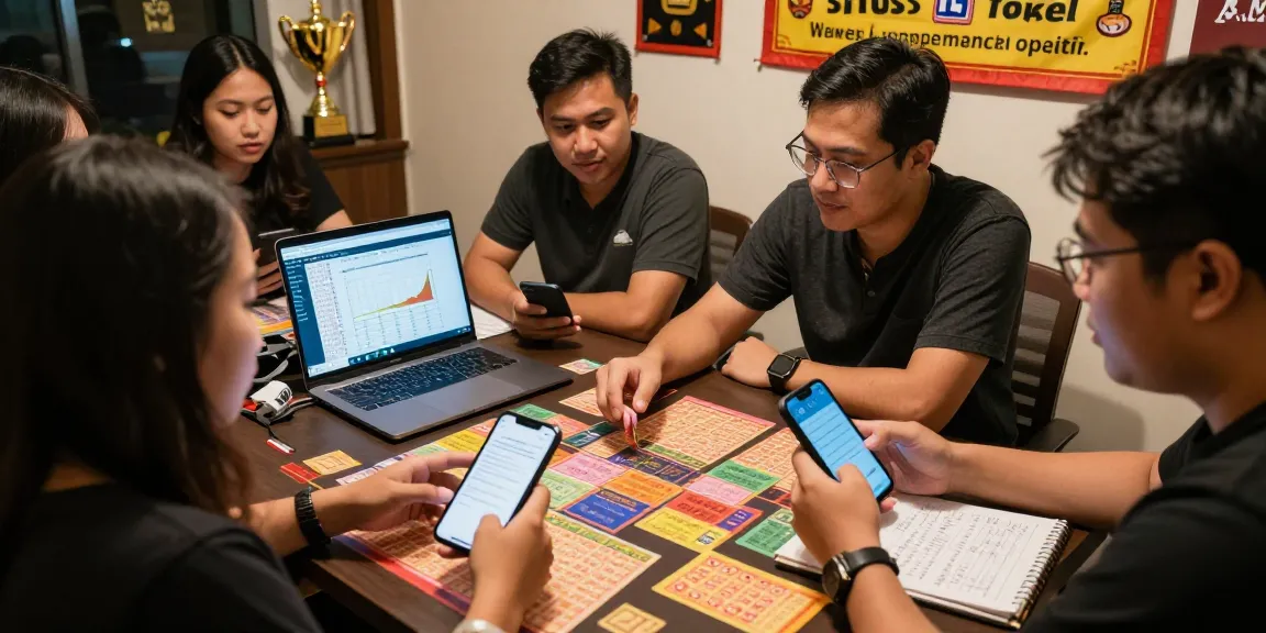 Friends discussing situs togel strategies while reviewing lottery tickets and statistics, creating an energetic and inviting atmosphere.