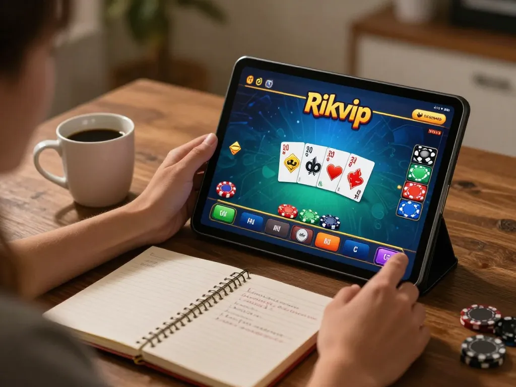 Engaged player enjoying Rikvip casino gaming on a tablet, showcasing strategy notes in a cozy living room.