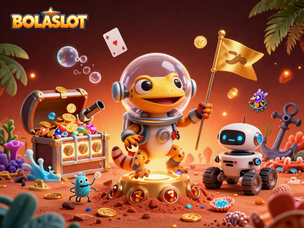 BOLASLOT showcases a Martian gecko in a golden casino with vibrant slot reels exploding into gems.
