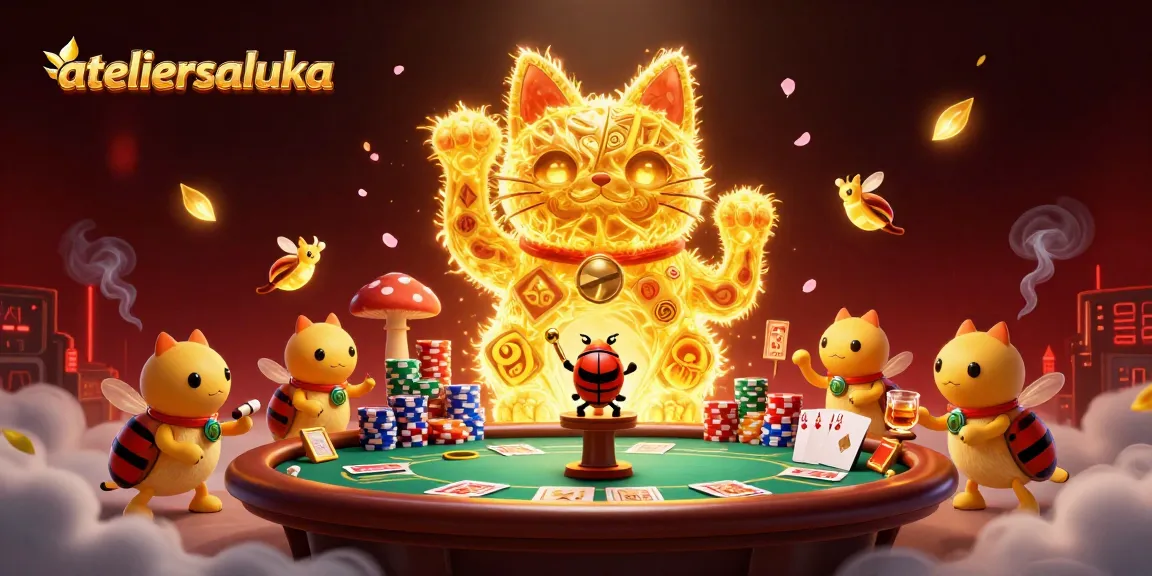 Spinning the reels for wins at ateliersaluka, featuring vibrant symbols and a lucky cat.
