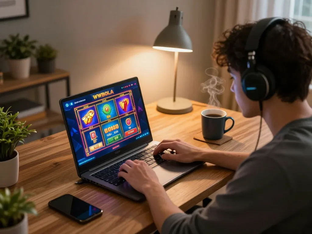 WWBOLA player engaging in online slot games at home with vibrant visuals and strategic focus
