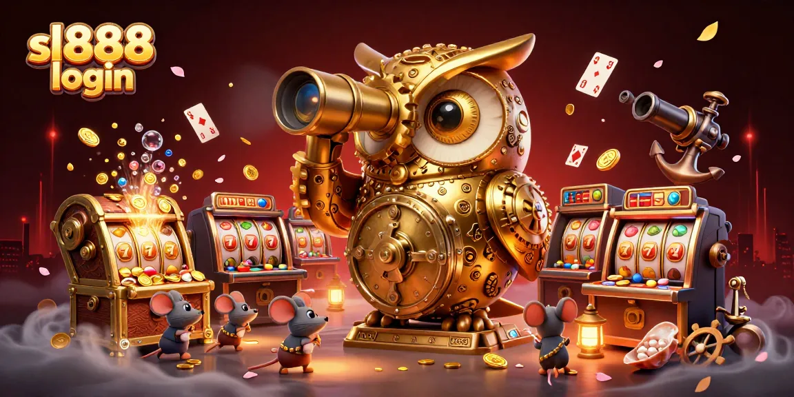 Play exciting games with sl888 login at a lively casino scene featuring vibrant golden owl and slot machines.