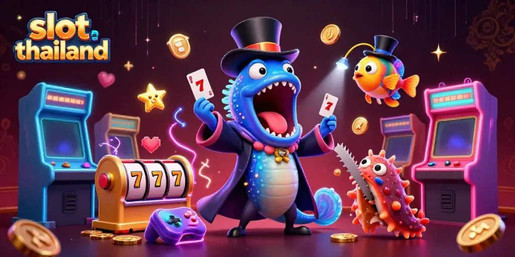 Mengakses slot thailand dengan karakter unik dalam ilustrasi kartun 3D cahaya neon yang menampilkan permainan slot.