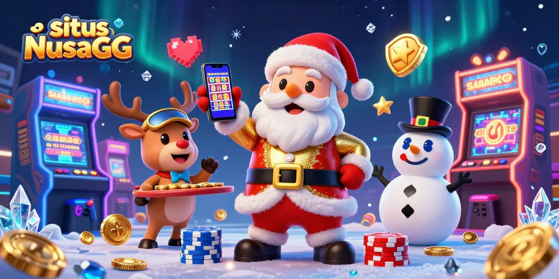 situs NusaGG showcases Santa Claus engaging with jackpot slots in a vibrant casino scene filled with game elements.