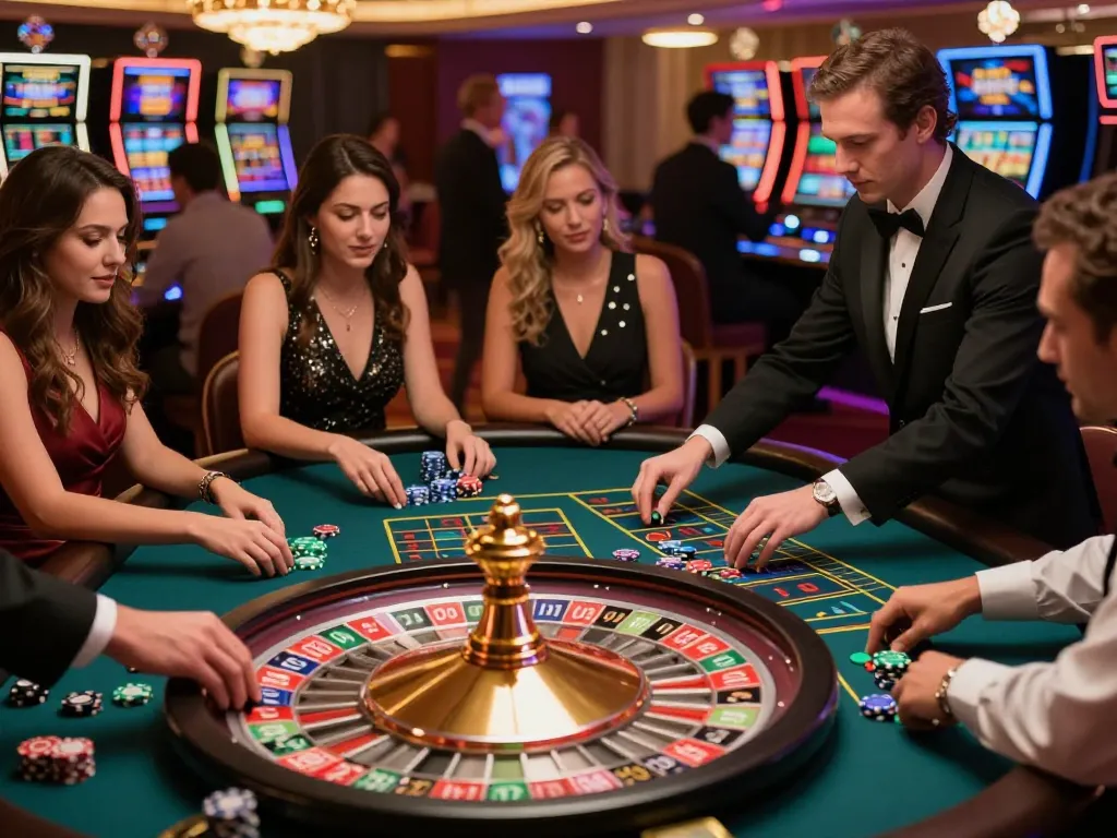 VA88 roulette action with players excitedly placing bets and observing the wheel spin.