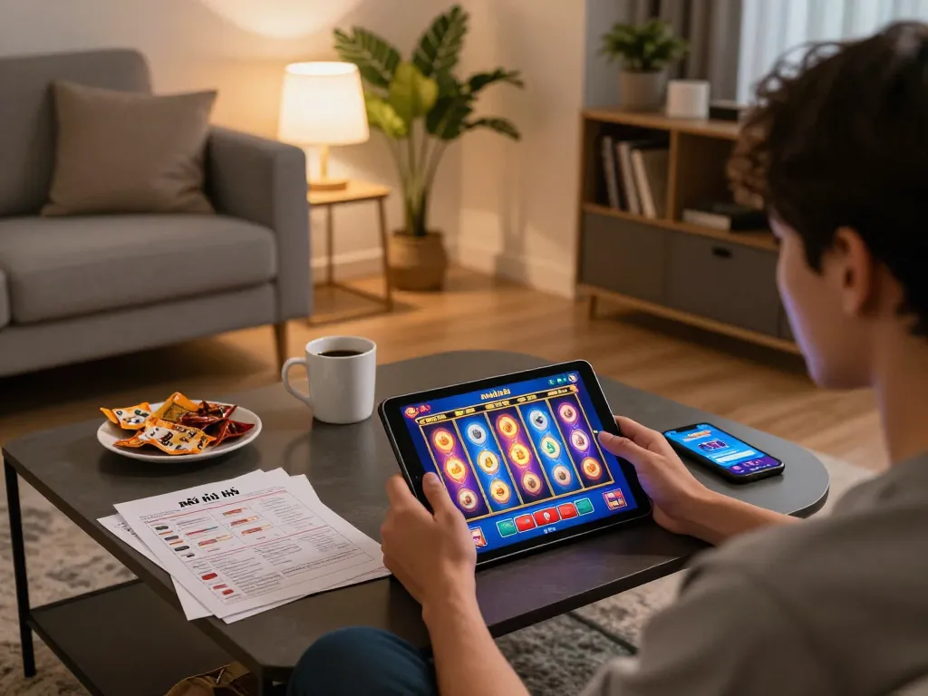 Engaging in game nổ hũ online in a cozy home gaming setup with vibrant screen visuals.