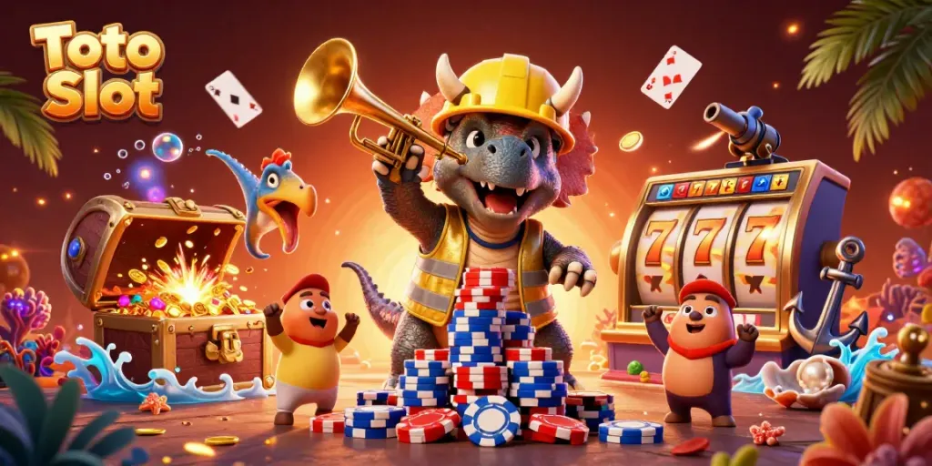 Menangkan Toto Slot saat melihat triceratops membangun tumpukan chip poker di ilustrasi digital yang kaya fitur.