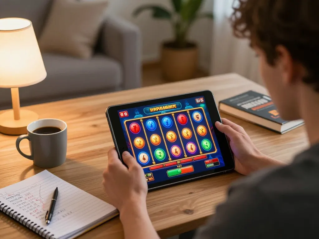 Player enjoying a bayitoto slot game on a tablet, colorful reels spinning with excitement in a cozy home.