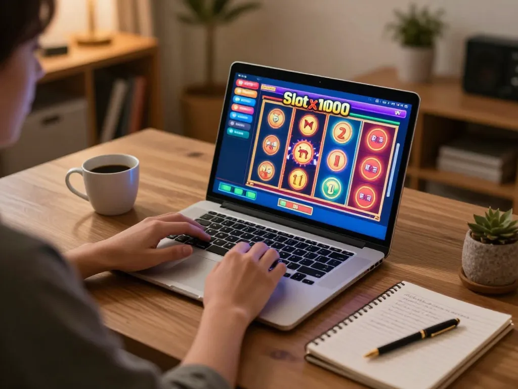 Playing Slot x1000 on a laptop in a cozy home setup with strategic betting notes.
