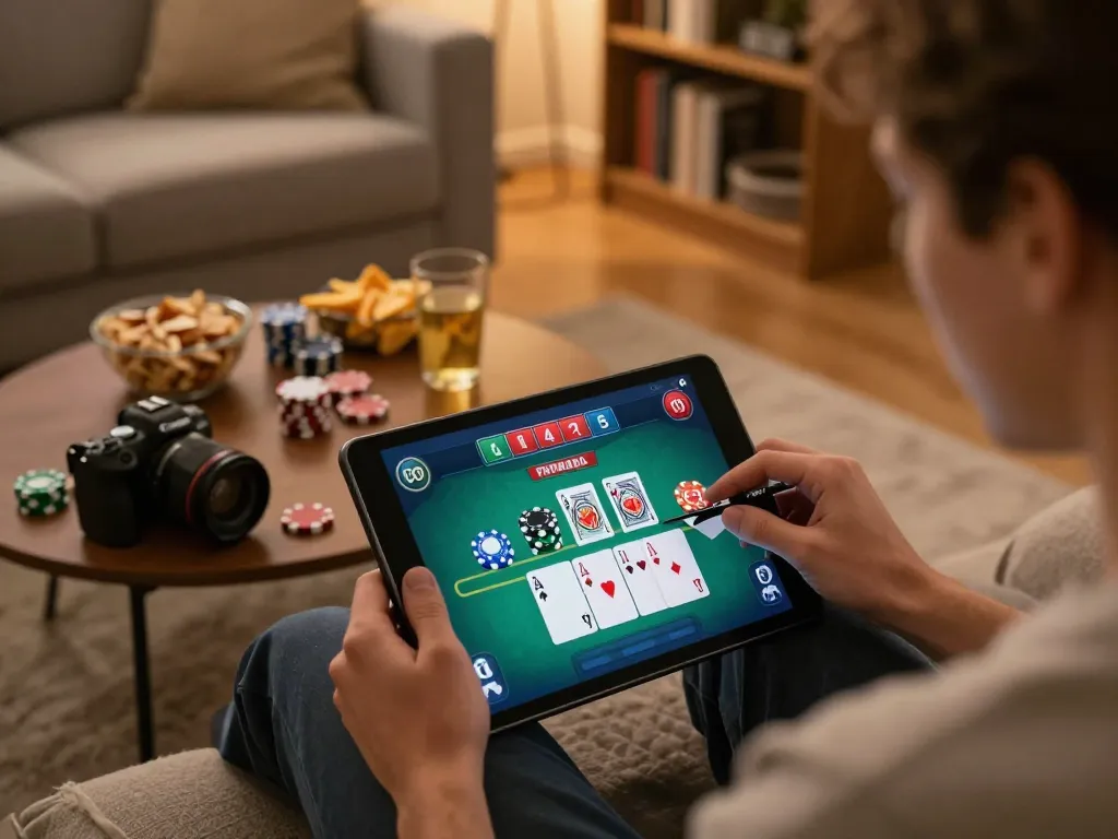 Play blackjack online with lc88 on tablet, showcasing engaging gameplay in a cozy home setting