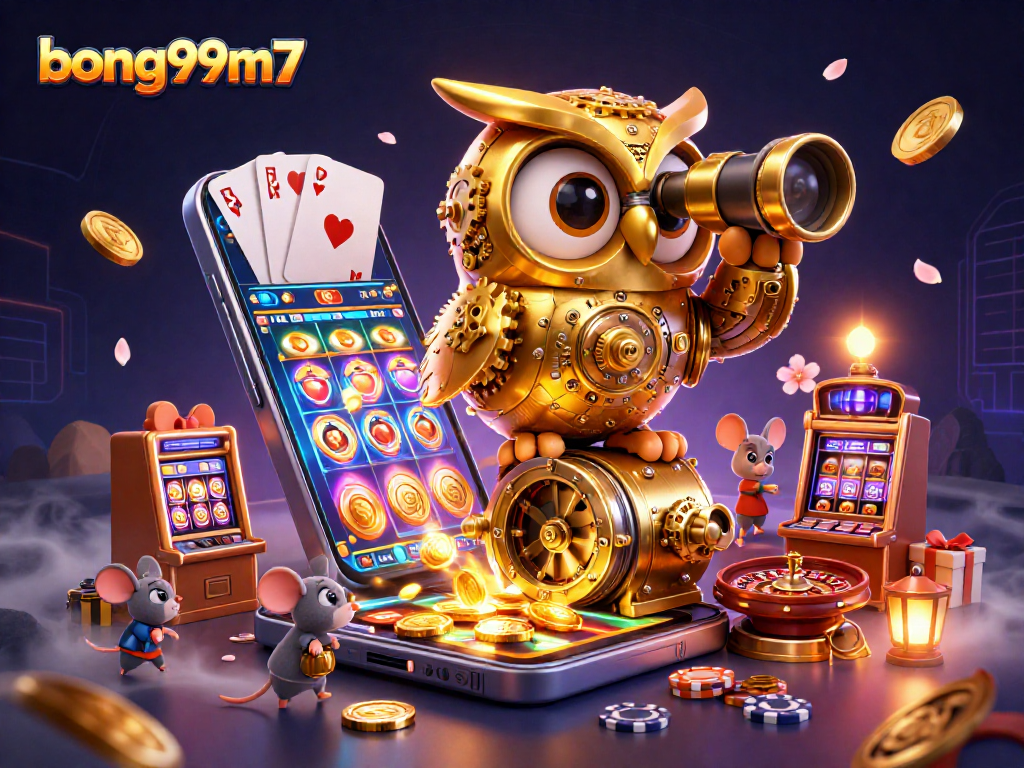 Experience excitement at bong99m7 with a vibrant 3D owl surveying a dynamic casino scene.