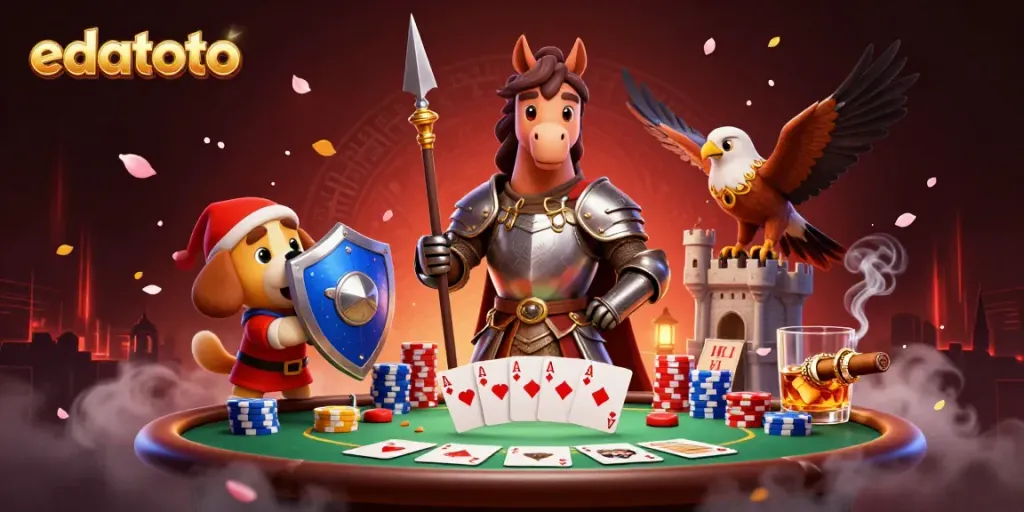 Engage in thrilling action with edatoto as a medieval knight battles amidst poker chips and cards.