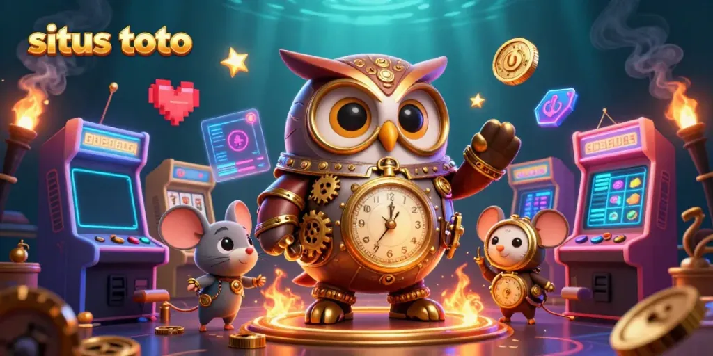 Experience the thrill of situs toto with a lively owl and mouse in a vibrant casino scene bursting with game elements.