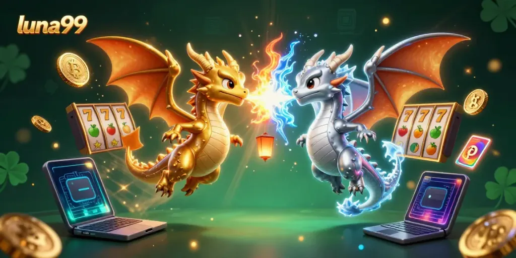 Menangkan jackpot dengan luna99 dalam ilustrasi kasino yang energetik dengan naga 3D.