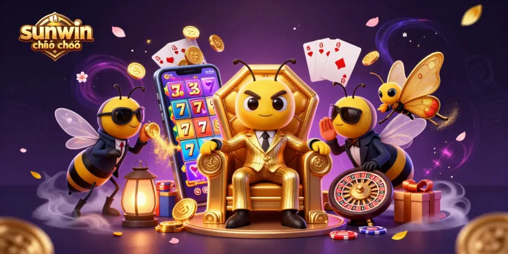 Play vibrant slot games with sunwin chính chủ in this dynamic casino-themed scene.
