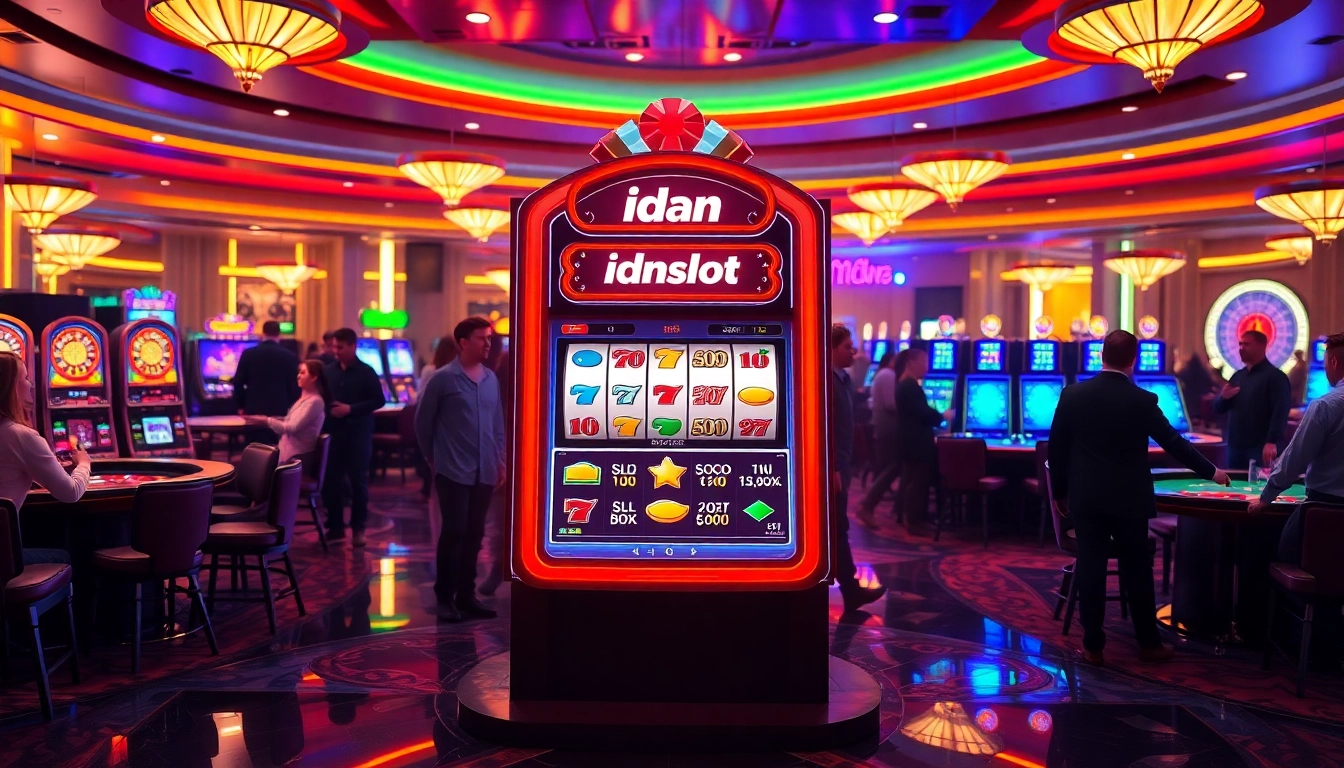 Engage with idnslot at a vibrant casino, showcasing players winning on modern slot machines and classic games.