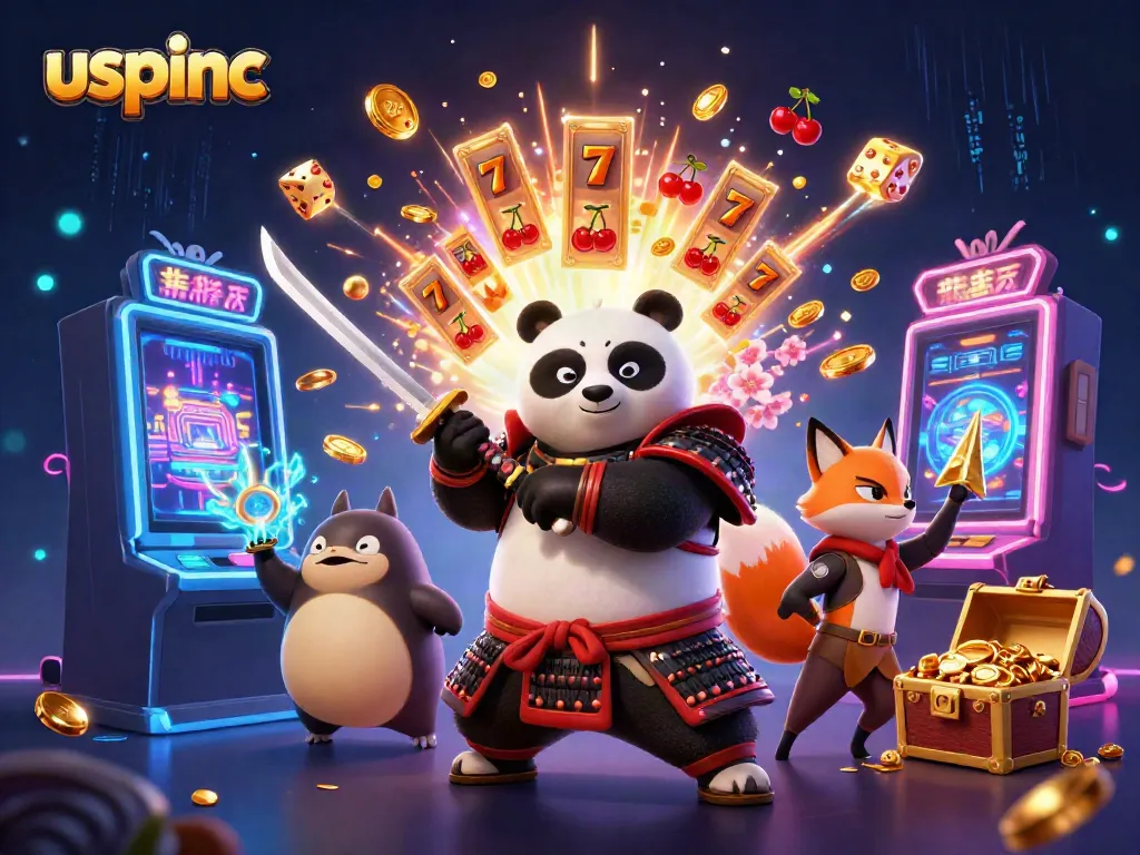 Experience fast-paced gaming with uspinc in a vibrant casino world illustrated by dynamic characters and game elements.