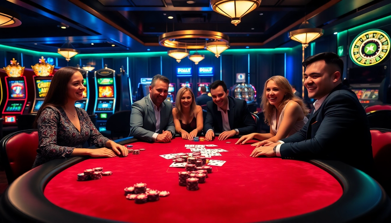 Engaging in poker online at a luxurious casino table surrounded by colorful chips and cards.