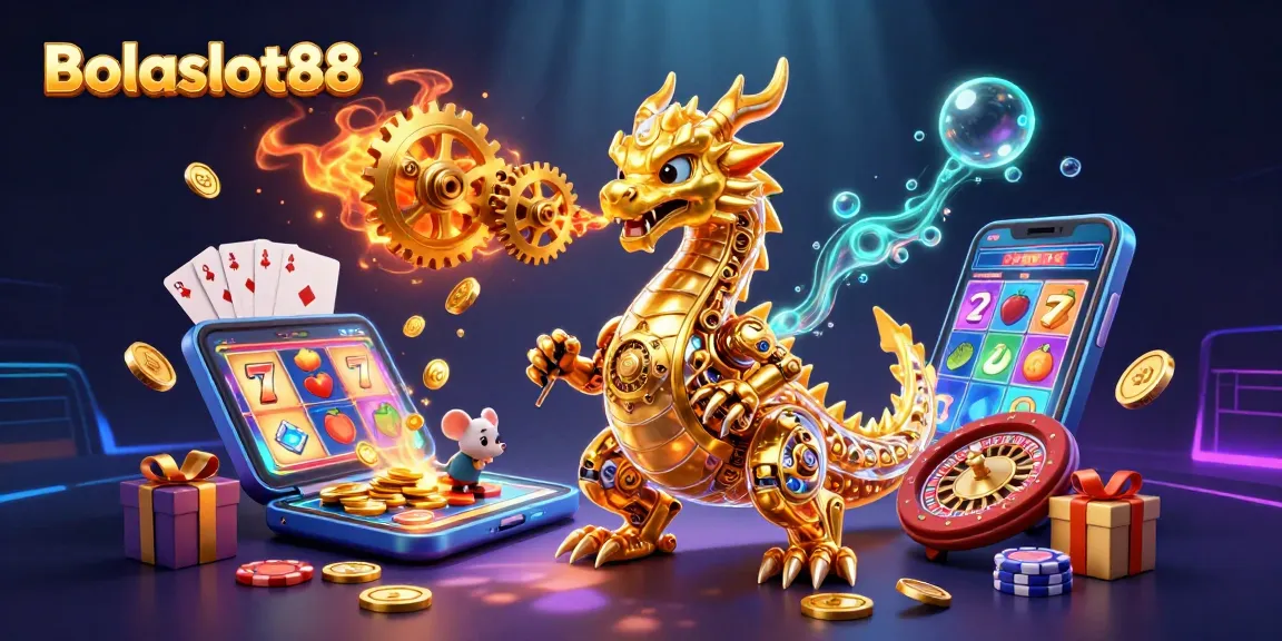 Bolaslot88 reveals a thrilling casino adventure with a golden dragon and vibrant slot game imagery.