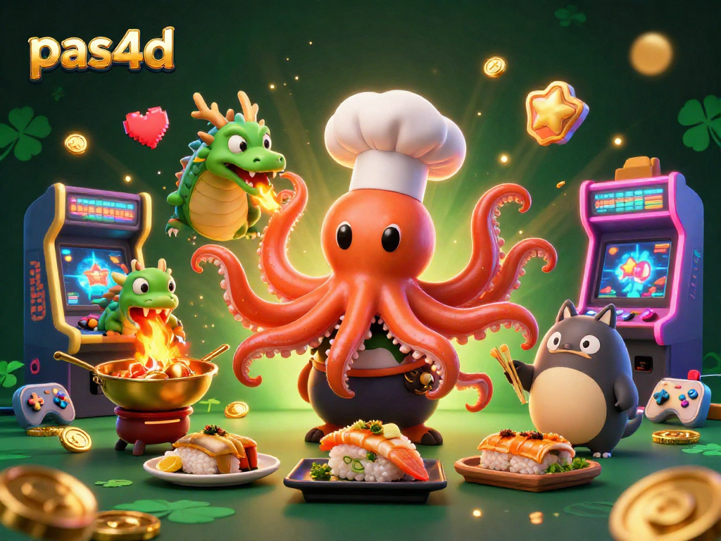 Gambar pas4d menggambarkan seorang koki sushi gurita dengan 8 lengan menyiapkan hidangan emas di kasino.