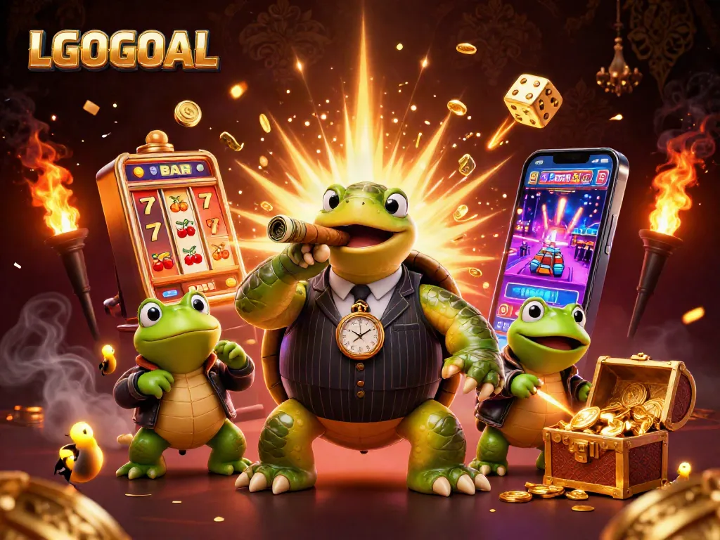 LGOGOAL showcases a lively casino scene with a massive turtle and bullfrog enforcers amidst dynamic slot machines.