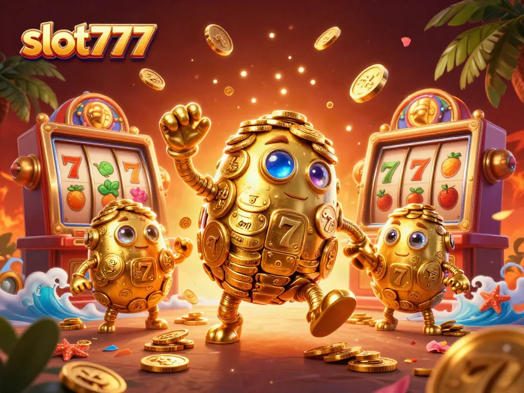 Mengelola slot777 dengan gambar karakter golem emas bergerak, simbol slot, dan suasana kasino yang meriah.