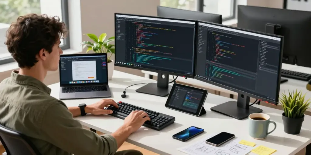Software developer coding on dual monitors in a modern workspace, showcasing jebol wd productivity tools and collaboration.