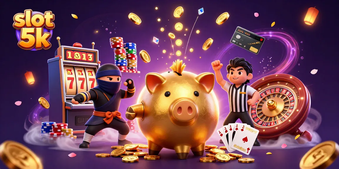 Enjoy exciting gaming at slot 5k with vibrant coins and lucky slot reels cascading around cartoon characters.