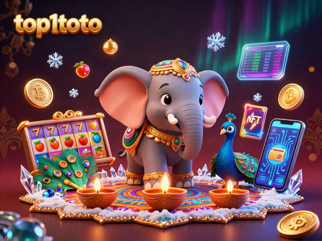 Top1Toto menghadirkan elemen kasino dengan gajah diorama dan slot simbol 7 keberuntungan.