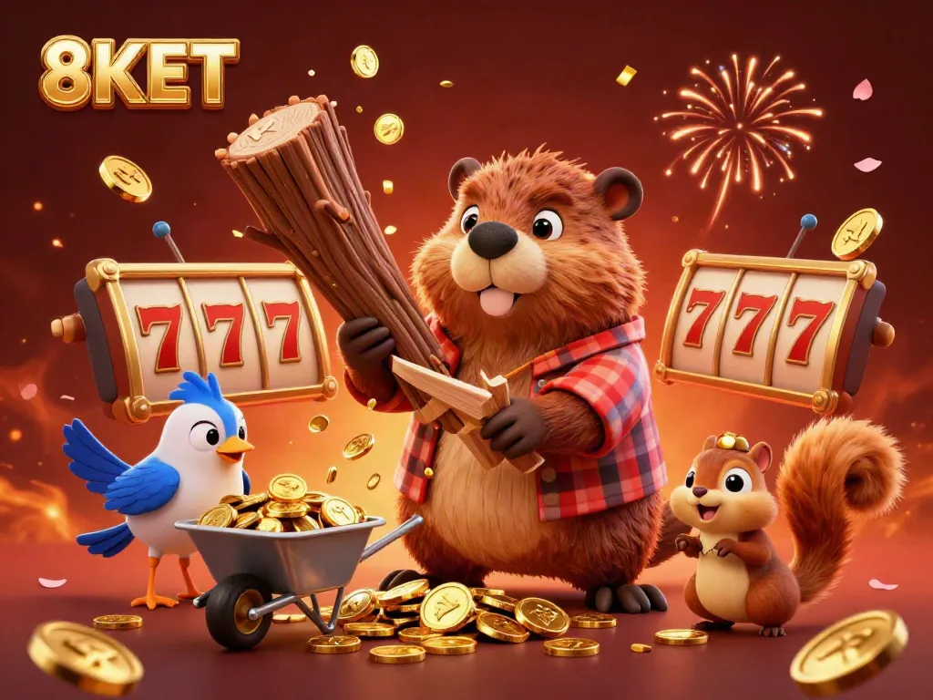 Experience 8KET thrills with a lively lumberjack beaver and friends enjoying golden coin rains in a casino scene