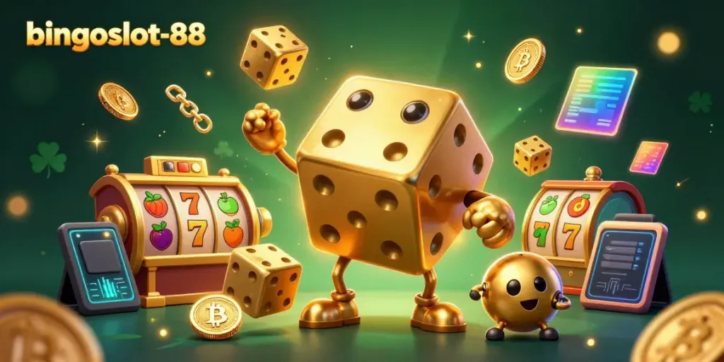 Menggulung dadu emas di Bingoslot-88 dengan suasana kasino penuh warna dan elemen slot.
