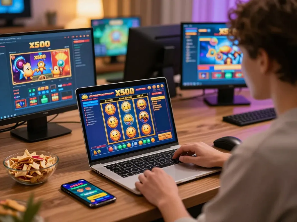 Engaging player celebrating a win on Slot x500 during online gaming session at home.