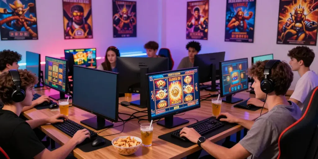Diverse players enjoying slot gacor games on multiple devices in a vibrant gaming room.