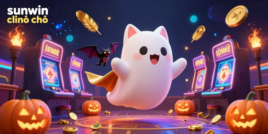 Experience the thrill of "sunwin chính chủ" in a vibrant 3D casino scene, showcasing a ghost cat and a bat in a dynamic gaming environment.