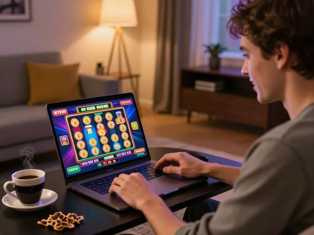 Person enjoying a slot machine game on laptop in cozy living room, fatfishcantinagrill experience captured.